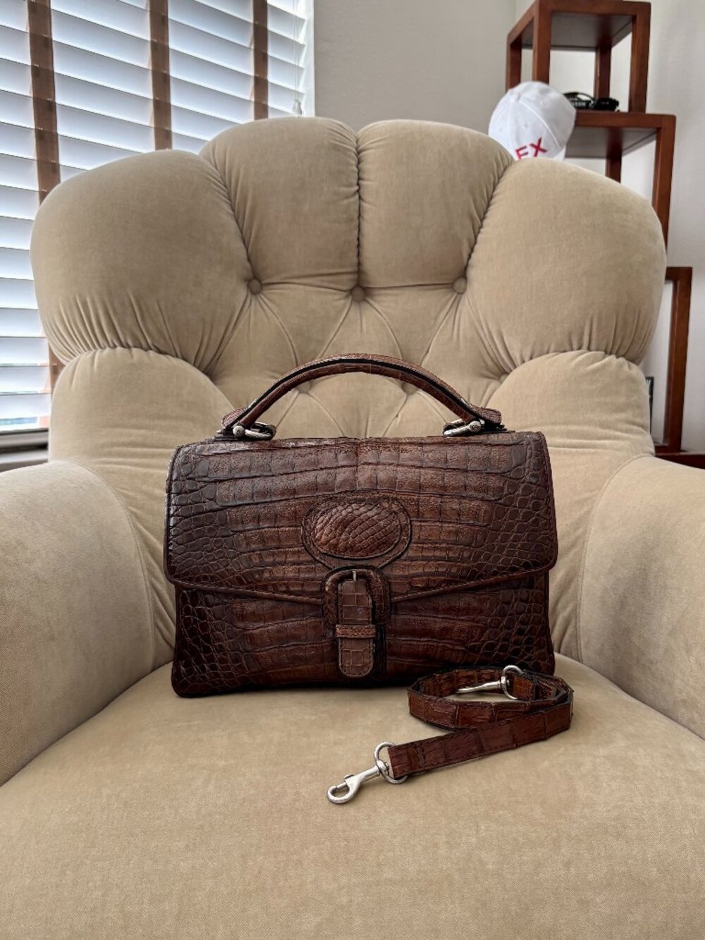 VTG Auth. IRV Genuine Caiman Crocodile Convertible Shoulder Satchel Bag